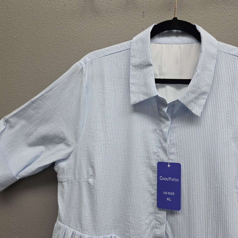 Chouyatou Shirt Dress Womens XL Blue Striped Button Front Tiered Lined Pockets - Picture 2 of 12